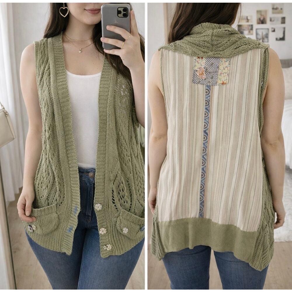 Freelance Boho Crochet Knit Vest Green Patchwork Open Front Size M